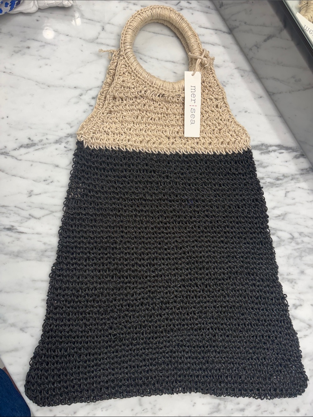 NWT - Mer Sea Market Bag. Crochet Two-Tone in Black and Natural. Trendy, Preppy